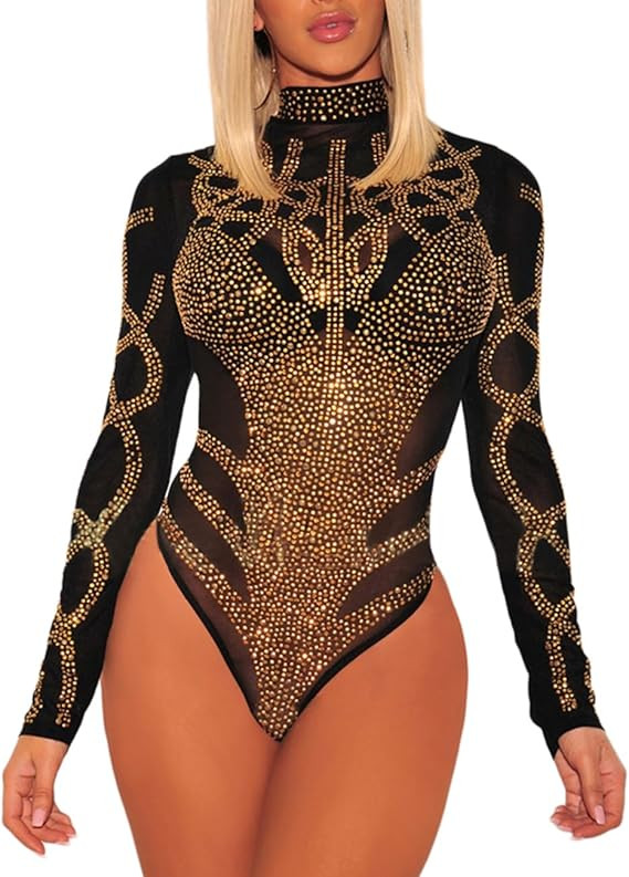 Lrady Women's Sheer Mesh Turtleneck Neck See Through Leotard Bodysuit Body Tops | Amazon (US)