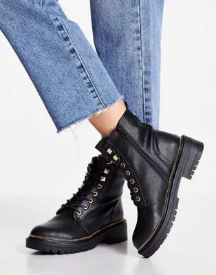 New Look lace up military flat boot with chunky sole in black | ASOS (Global)