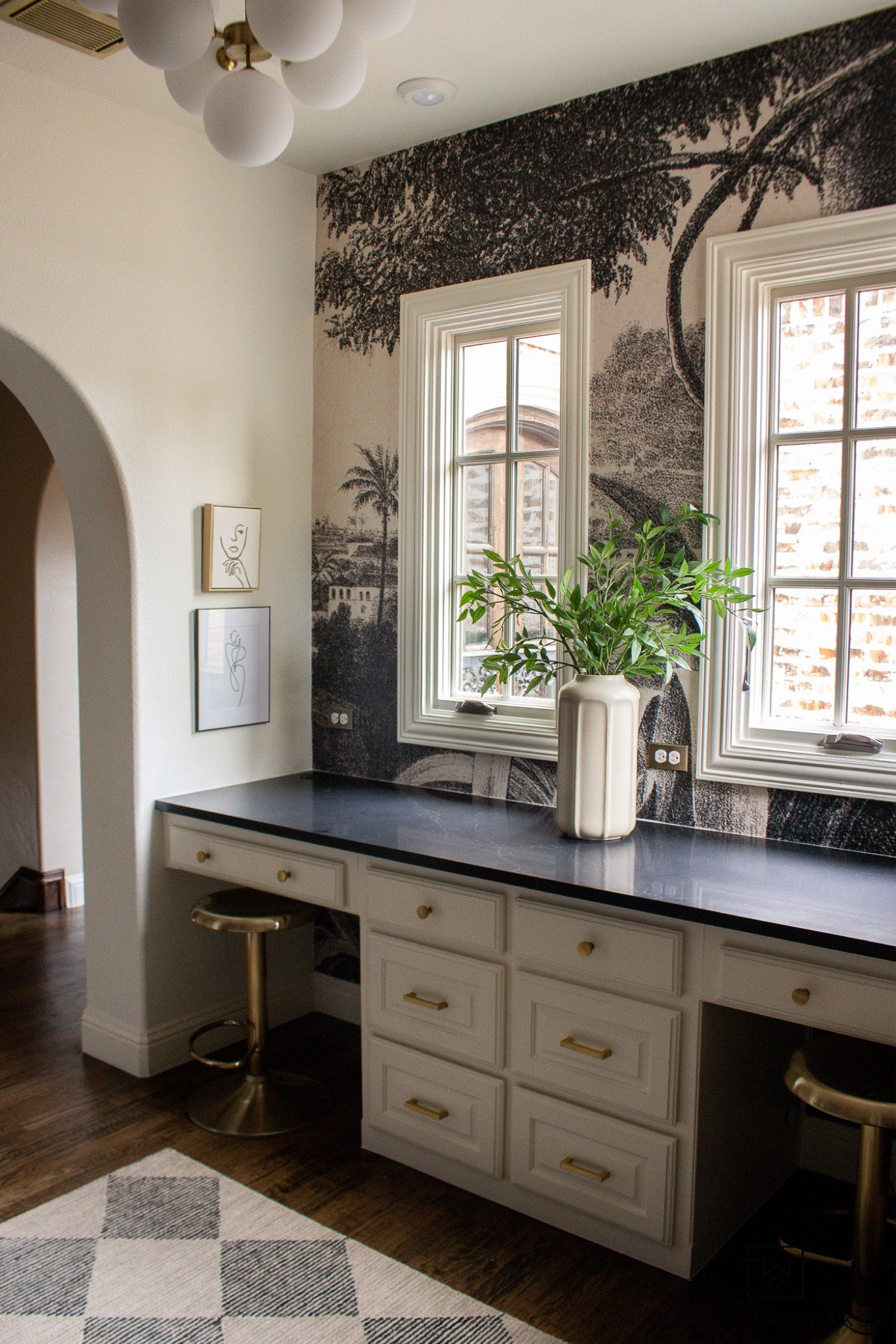 Black and cream study nook with vintage wall mural and black and brass accents. 

#LTKhome #LTKeurope