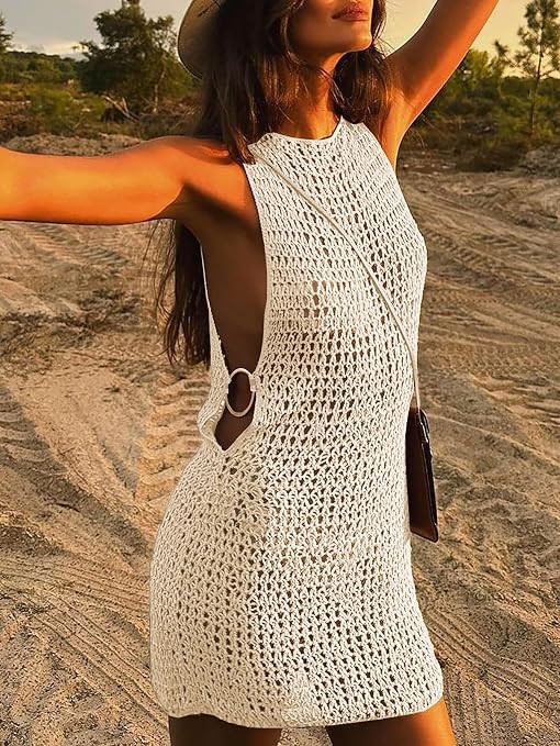 Women's Hollow Out Crochet Knit Keyhole Back Swimsuit Cover Up Mini Beach Dress 2026 | Amazon (US)