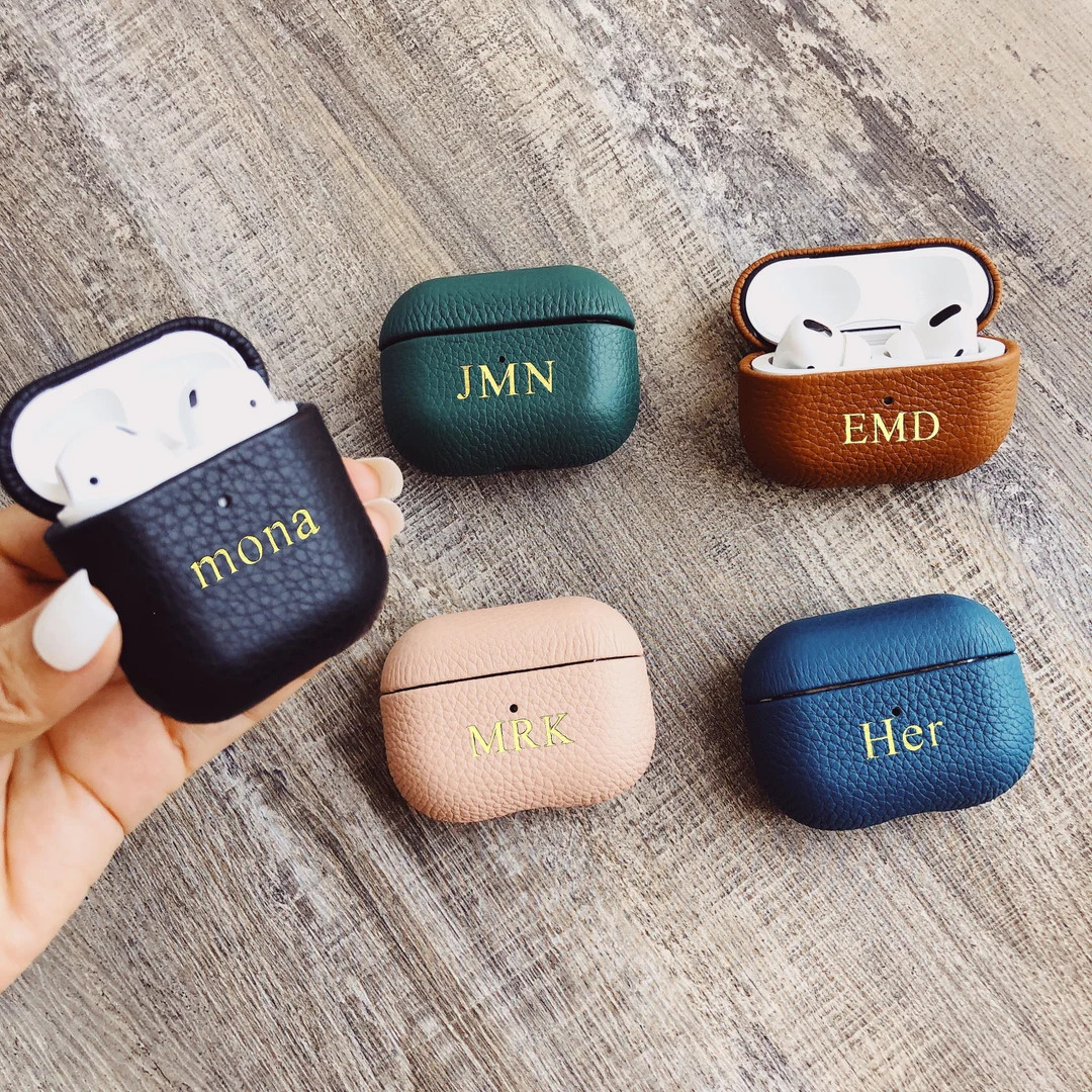 Monogrammed AirPods/AirPods Pro Pebble Leather Case Cover, Personalized AirPods Pro Pebble Leathe... | Etsy (US)