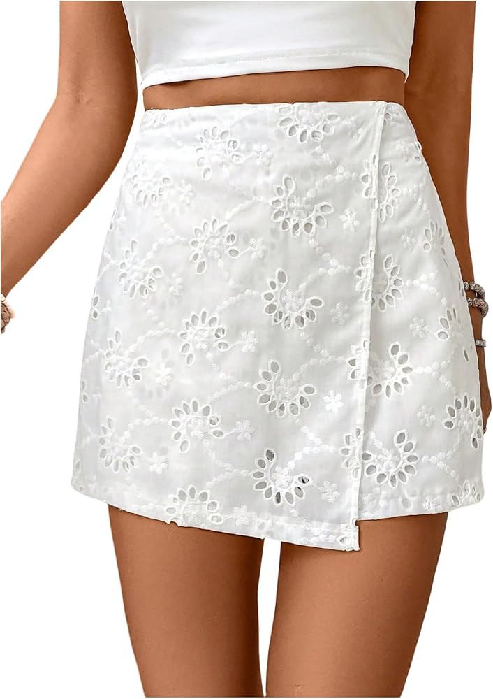 SweatyRocks Women's Eyelet Embroidery Boho Shorts Hollow Out Asymmetrical Wrap Summer Skorts | Amazon (US)