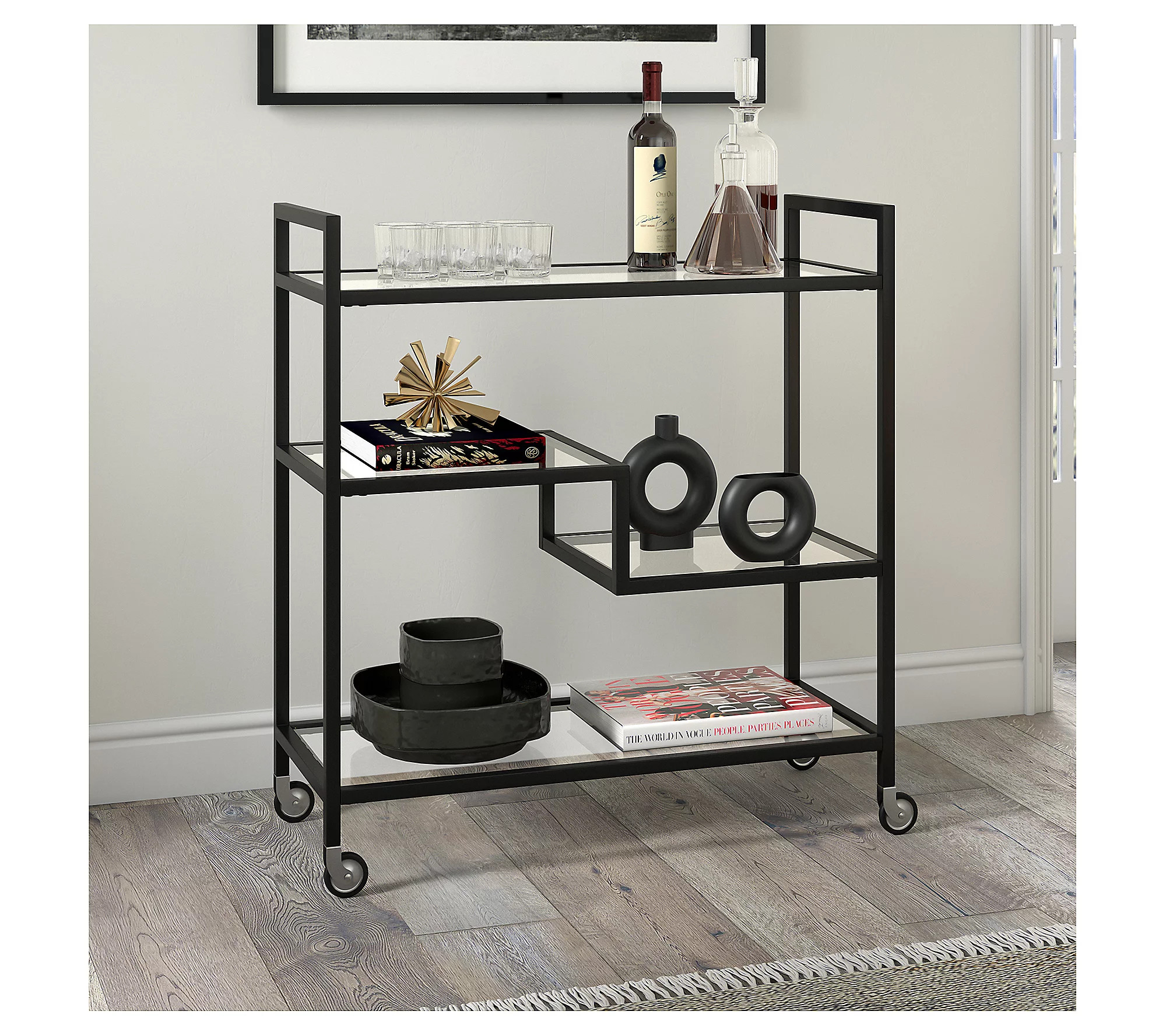 Hudson&Canal Lovett 33"" Wide Black Bar Cart w G lass Shelves | QVC