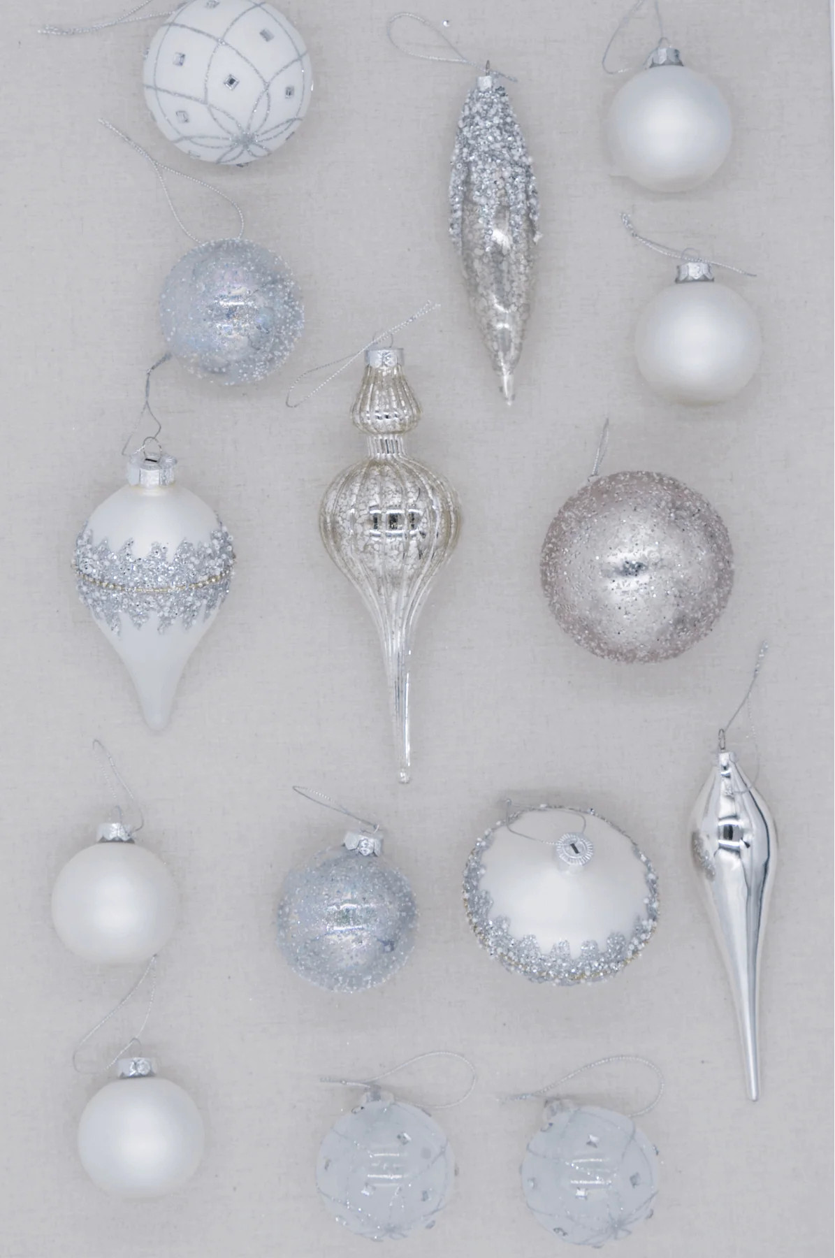 Winter Frost 15-Piece Glass Ornament Set (White-Silver) | King of Christmas