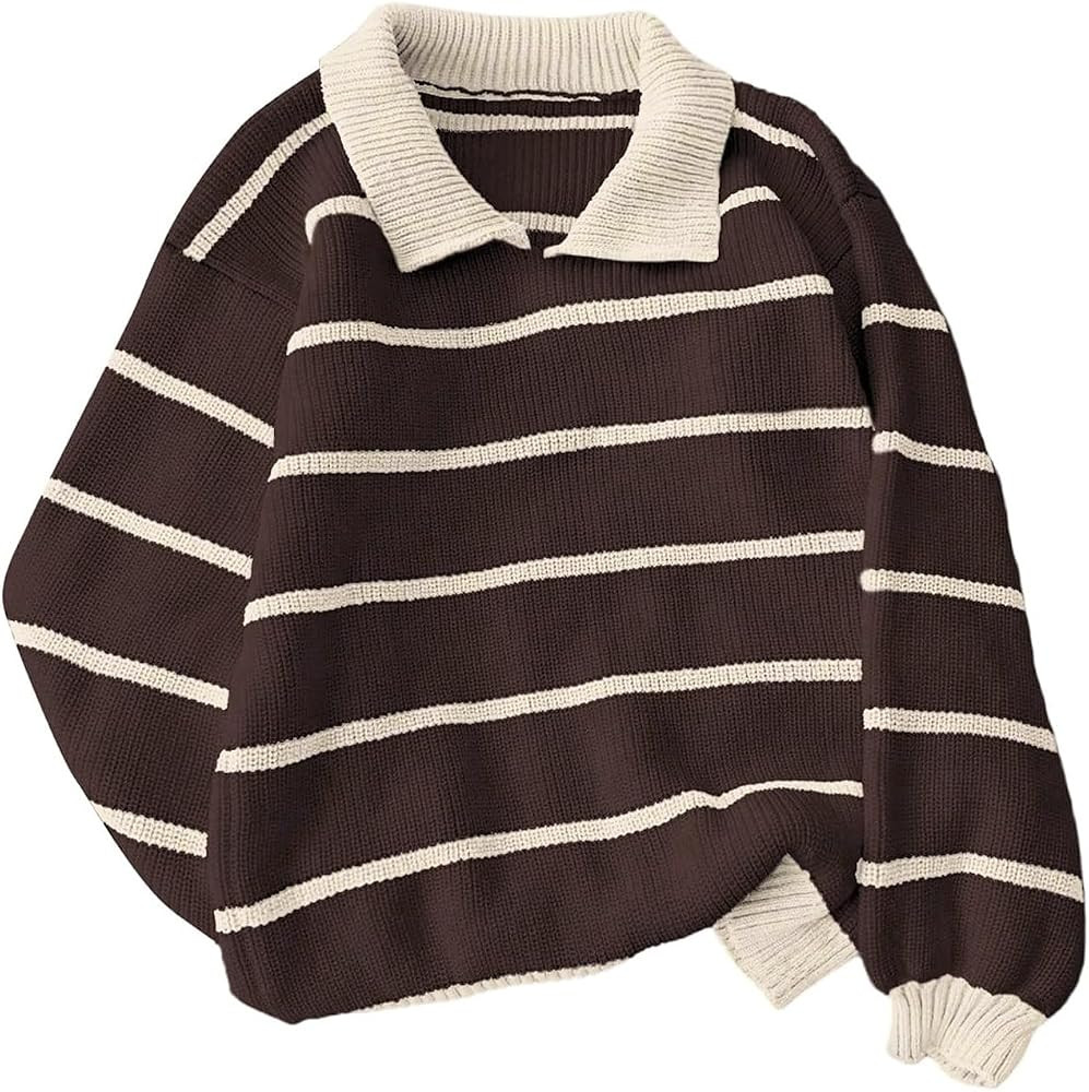 Yimoon Women Rugby Sweater Oversized Striped Collared Chunky Pullover | Amazon (US)