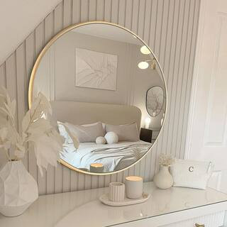 LuxHomez 24 in. W x 24 in. H Gold Vanity Round Wall Mirror Aluminum Alloy Frame Bathroom Mirror L... | The Home Depot