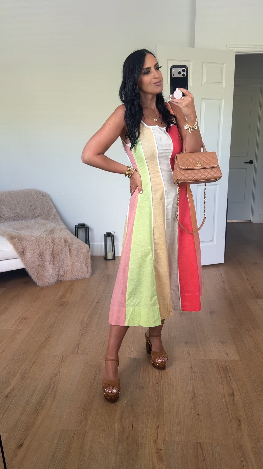 Vici Bright Skies Stripe Cotton & Linen Midi Dress wearing size small. 

