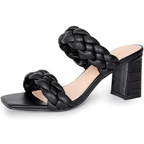 Athlefit Women's Braided Heels Square Toe Strappy Braided Sandals Slides Slip On Woven Block Black Heels Size 9.5 | Amazon (US)