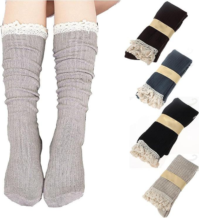 4 Pack Women Cotton Knit Boot Socks Knee High Socks Stockings with Lace Trim, Free size, Beige Bl... | Amazon (US)