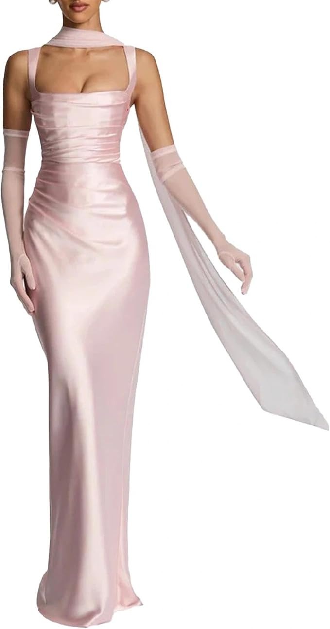 ABYOVRT Women Wedding Guest Dress Satin Corset Top Elegant Maxi Dresses with Sheer Scarf Evening ... | Amazon (US)