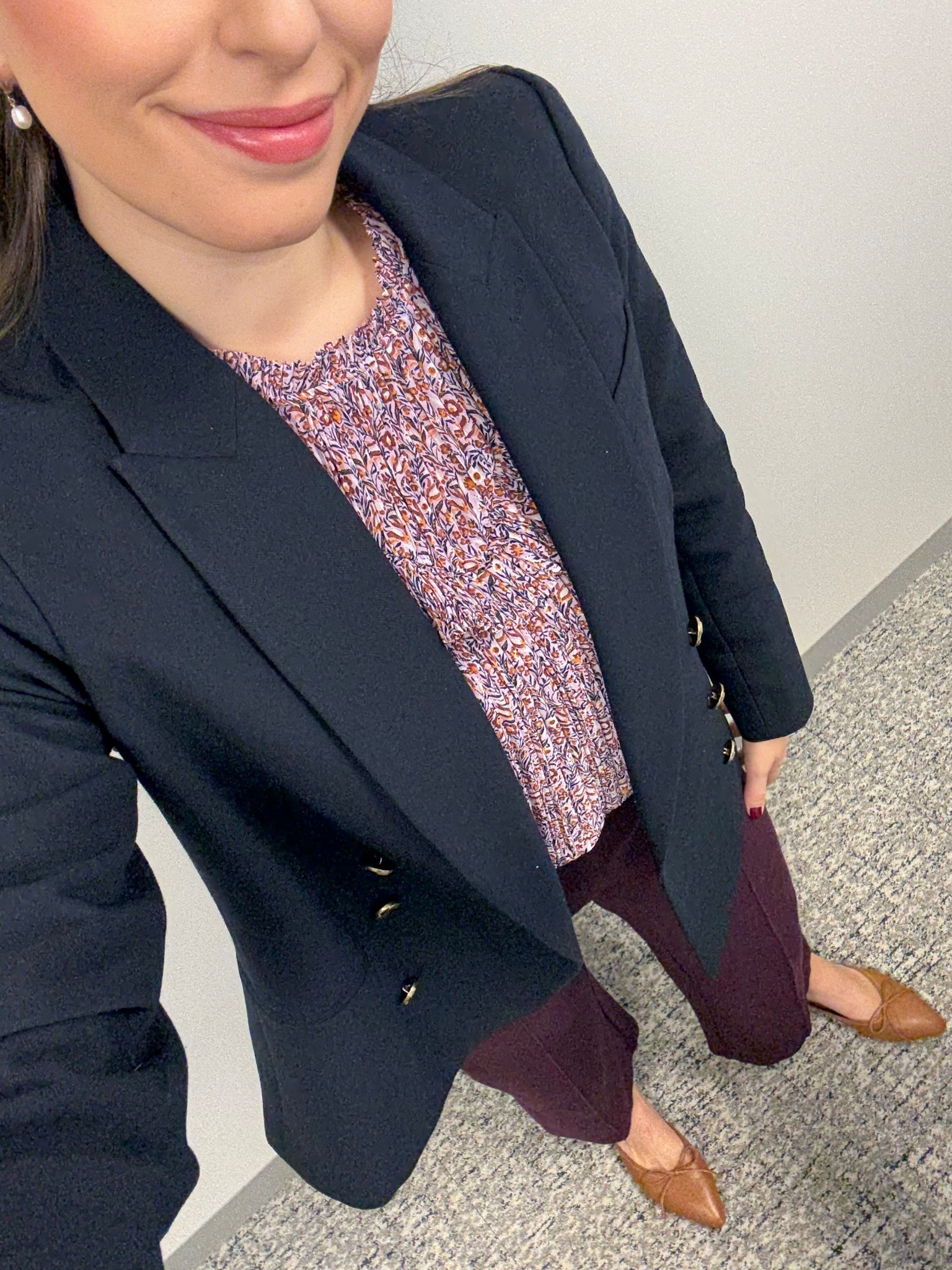 Office style, office outfit, business casual, business workwear, lawyer, attorney, law firm style, corporate style, corporate girlie, navy blue blazer, navy double breasted blazer, winter workwear, winter work outfit, burgundy pants, burgundy work pants, printed blouse, brown mules, Margaux shoes, tuckernuck 

#LTKFindsUnder100 #LTKWorkwear #LTKTall