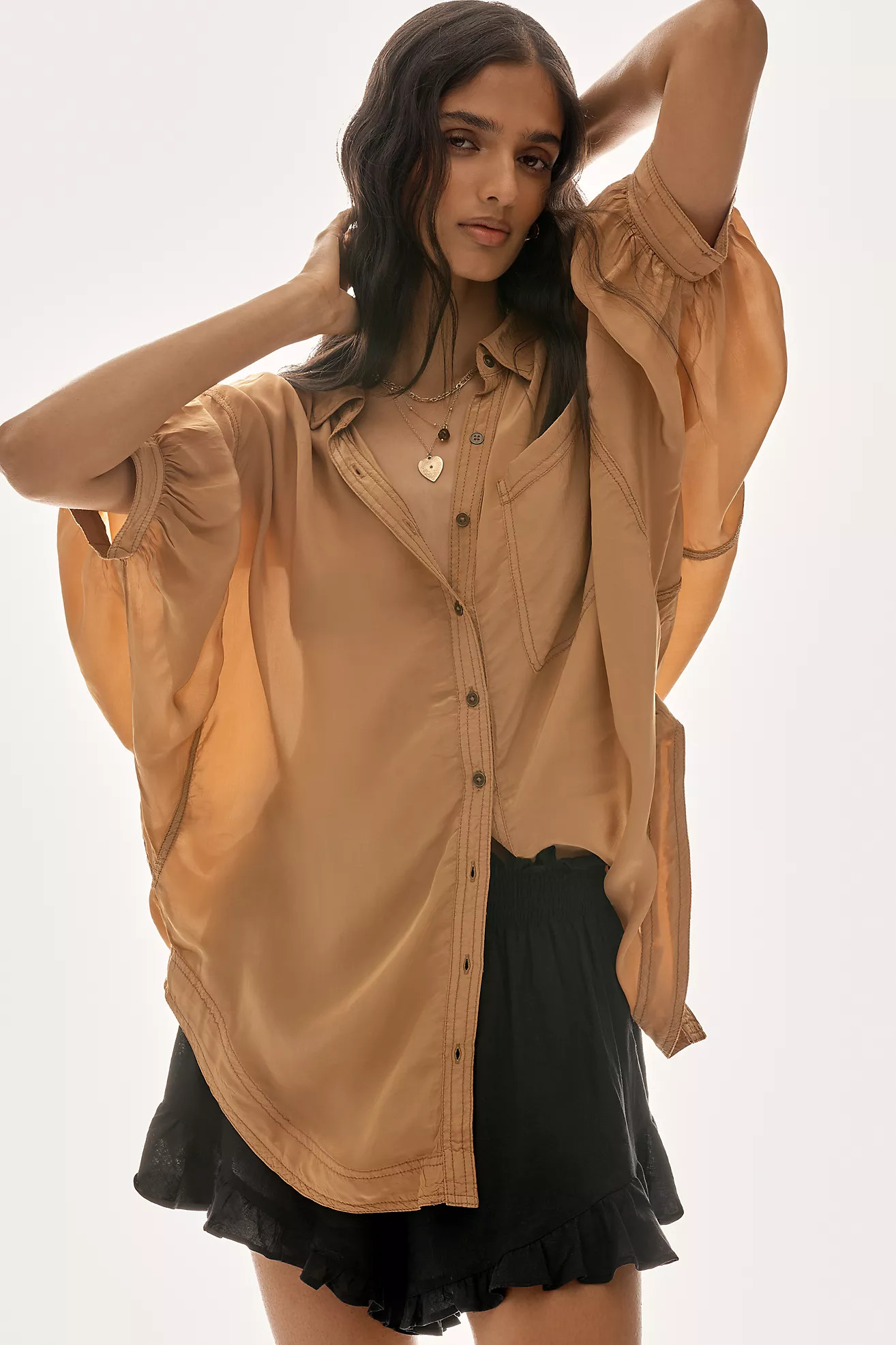 Pilcro Short-Sleeve Silky Buttondown Top | Anthropologie (US)