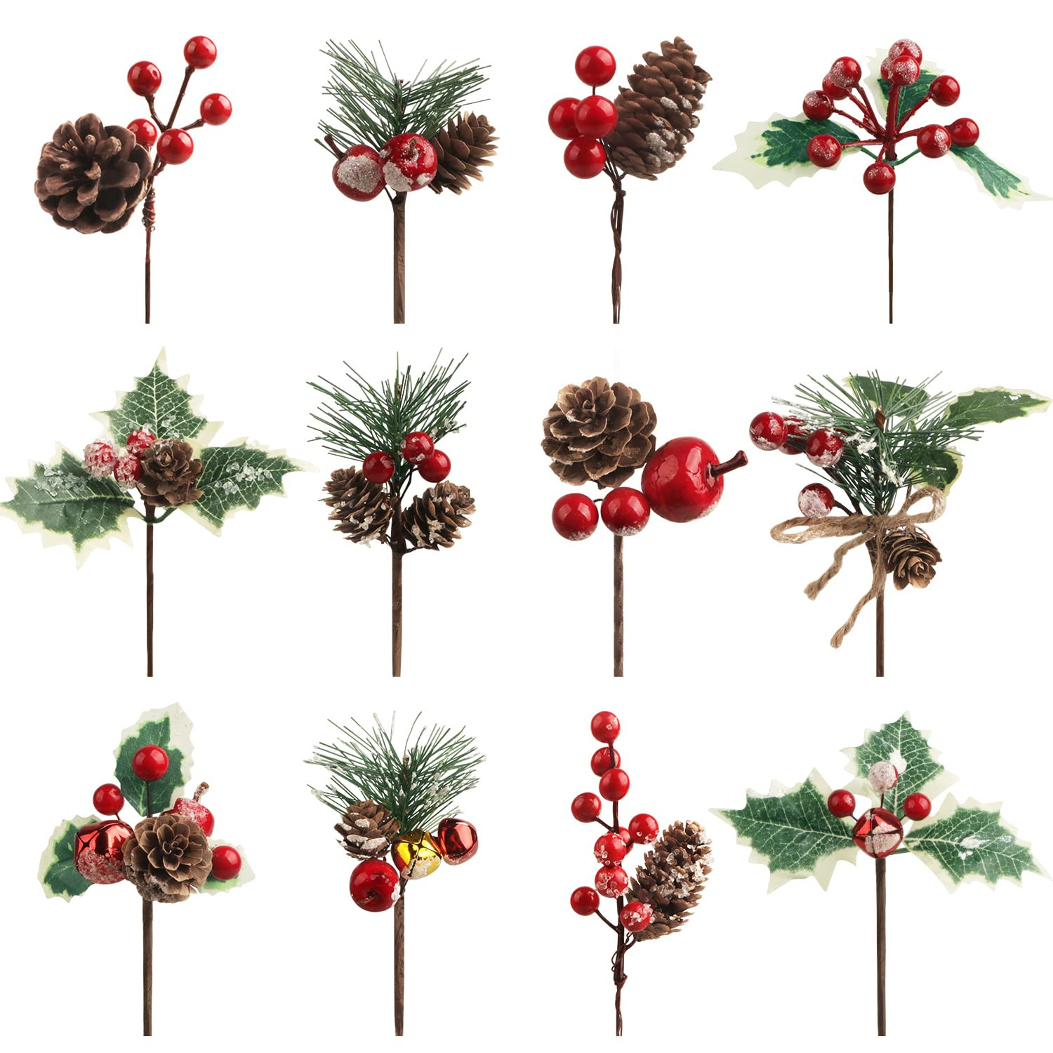 12PCS Christmas Picks with Pine Cones Holly Berry Artificial Red Berry Stems Pine Branches Small ... | Amazon (US)