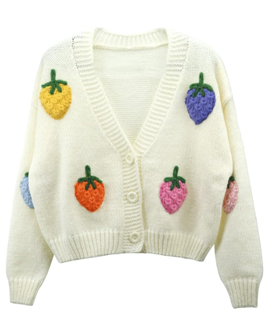 KEOMUD Women's Strawberry Print V Neck Button Down Long Sleeve Cute Crop Cardigan Sweater | Amazon (US)