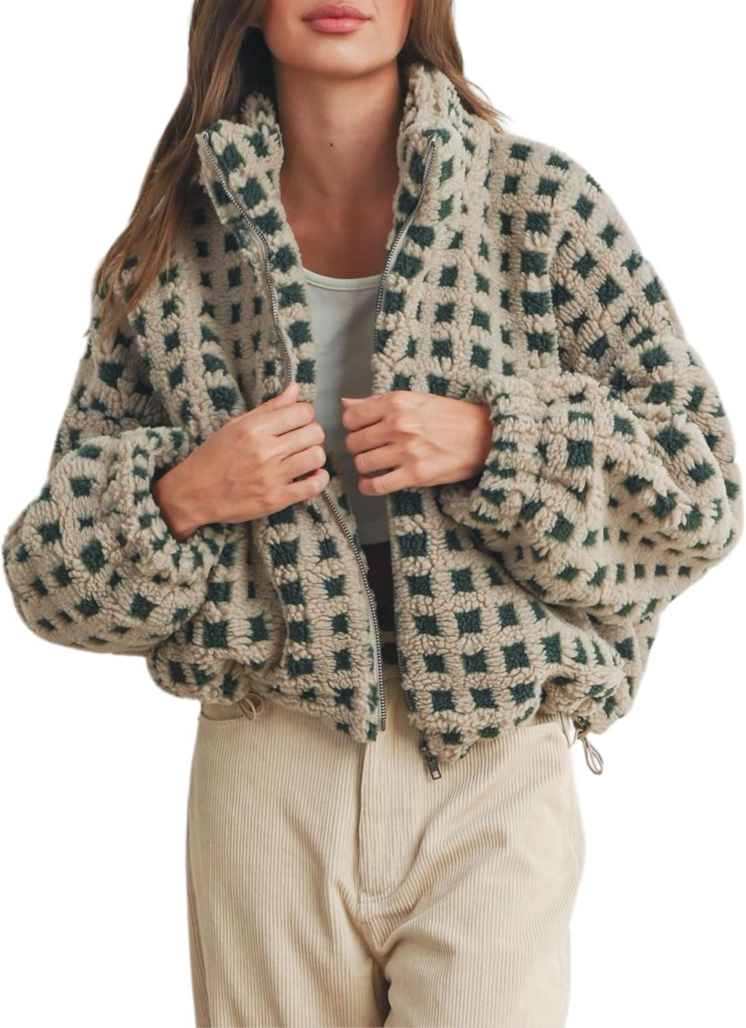 Esmeling Women’s Long Sleeve Cropped Sherpa Fleece Plaid Jacket Casual Chunky Teddy Fleece Outerwear | Amazon (US)