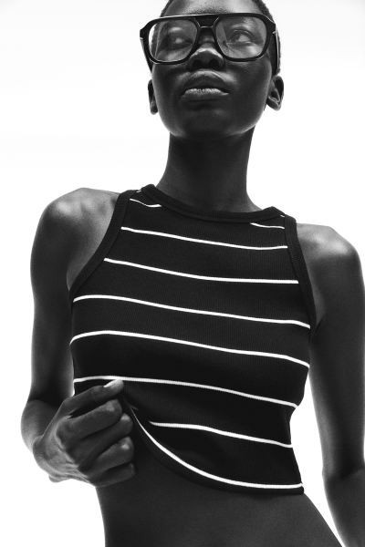 Crop Tank Top - Sleeveless - Crop - Cream/black striped - Ladies | H&M US | H&M (US + CA)
