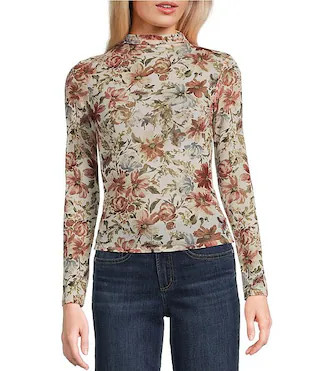 Floral Printed Mesh Mock Neck Long Sleeve Top | Dillard's