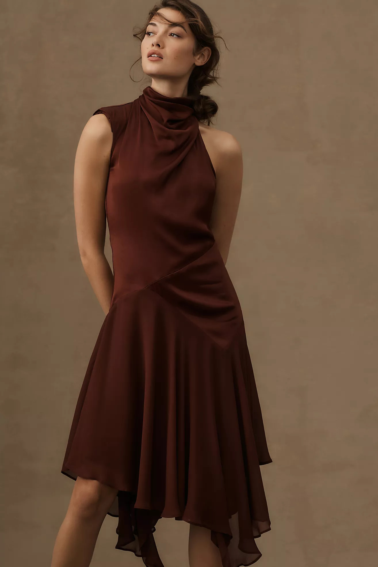 By Anthropologie Mock-Neck Asymmetrical Draped Midi Dress | Anthropologie (US)