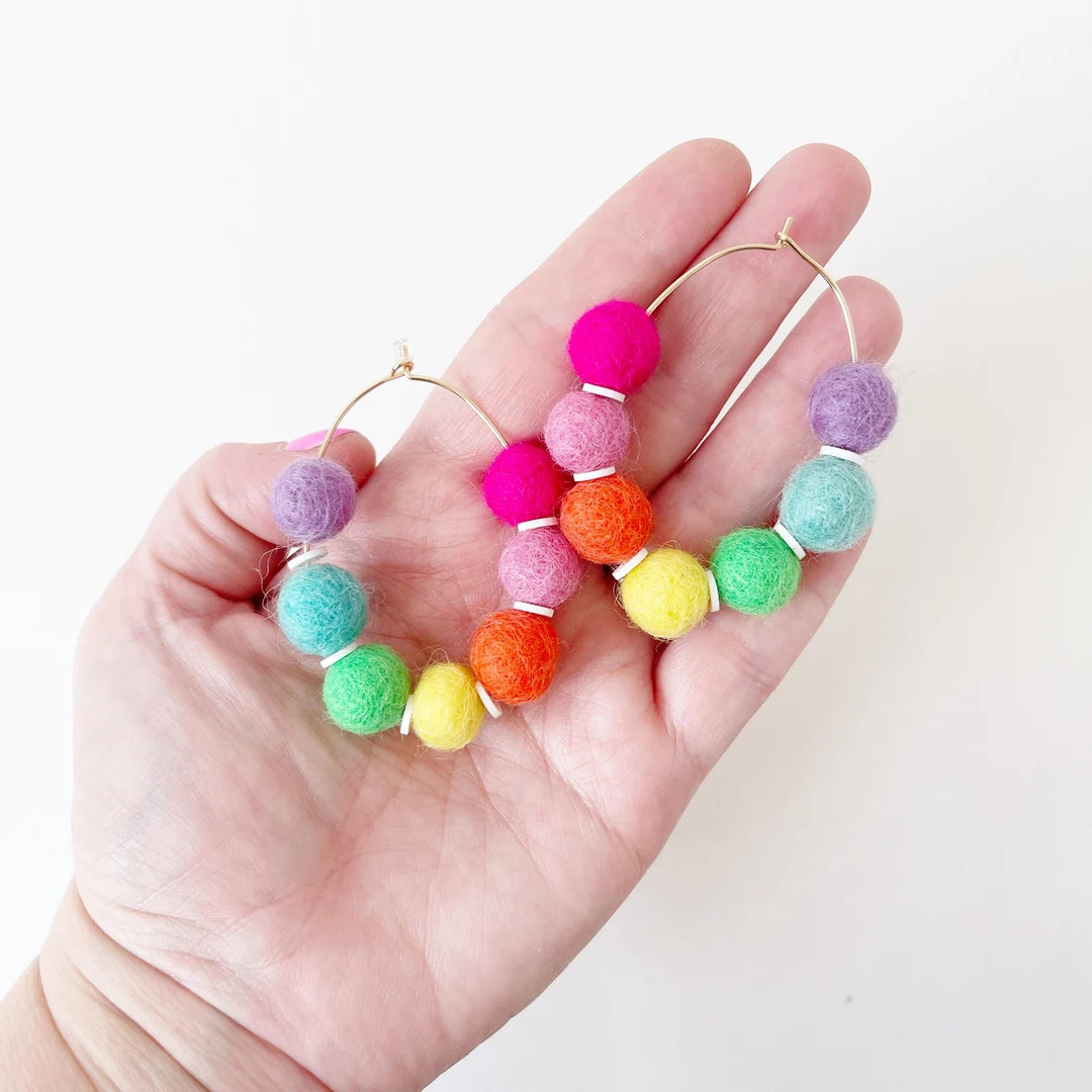 Rainbow Pom Pom Hoops - Etsy | Etsy (US)