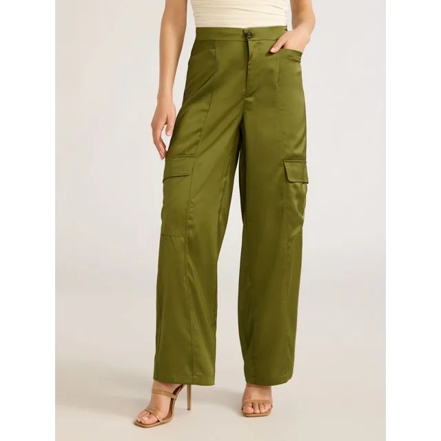 Sofia Jeans Women's Cargo Wide Leg High Rise Satin Pants, 30" Inseam, Sizes XS-XXL | Walmart (US)