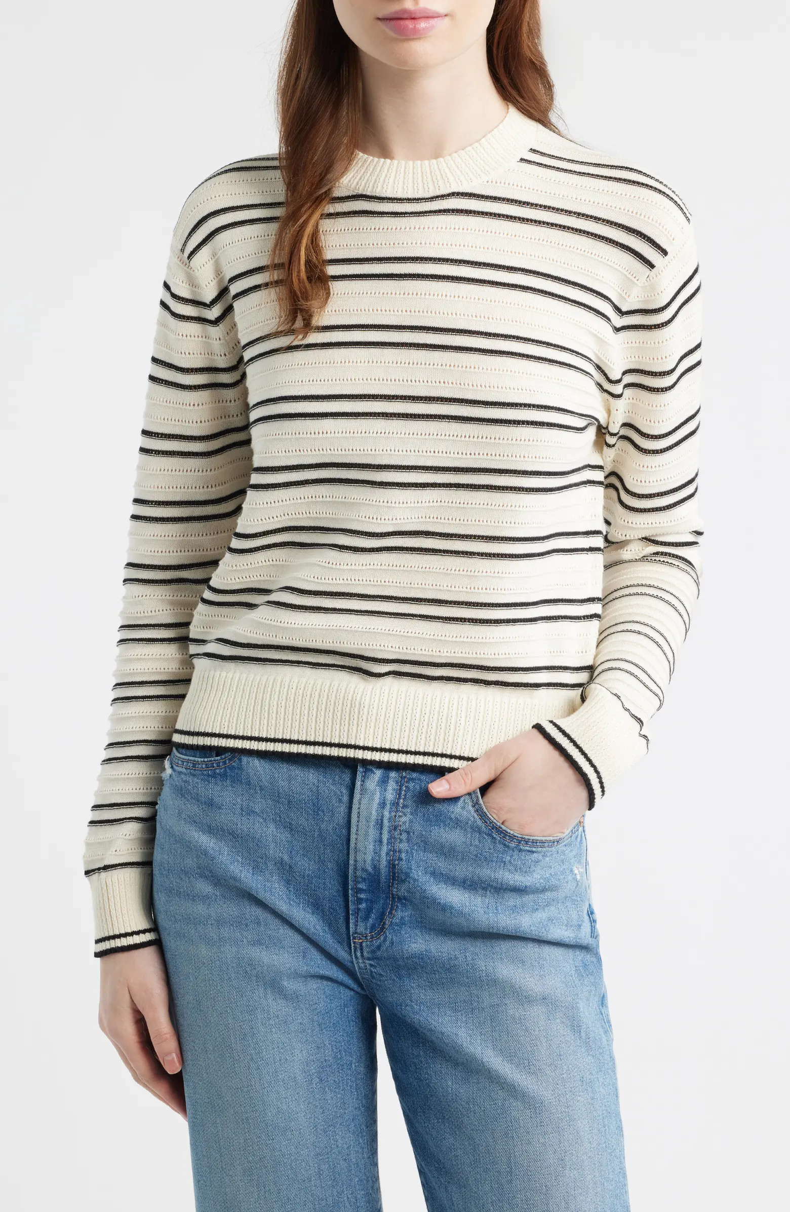 Striped Textured Stitch Cotton Crewneck Sweater | Nordstrom