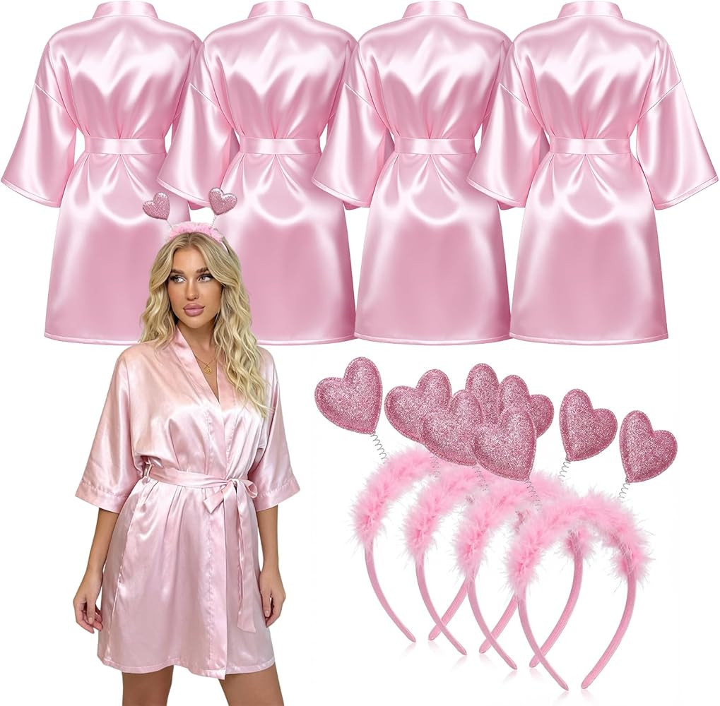 Janmercy 8 Pcs Galentine's Day Robe Set for Women, 4 Pink Satin Robe 4 Heart Headbands, Bridesmai... | Amazon (US)