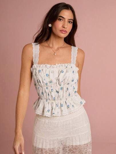 Enchnt Women's Vacation Ditsy Floral Contrast Lace Ruffle Camisole | SHEIN