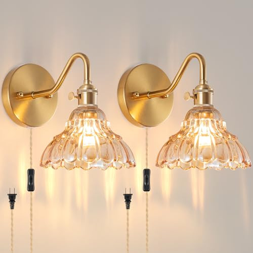 Plug-in Wall Sconce (Set of 2), Vintage Wall Decorative Lamp with Amber Glass Shade, Indoor Brass... | Amazon (US)