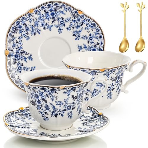 Jowgut Porcelain Tea Cups and Saucers Set of 2, 6 Oz Vintage Country Roses Bone China Tea Cup with Gold Trim, Spoon, 6 Pieces Coffee Cappuccino Mugs for Women, Tea Parties, Wedding Gifts | Amazon (US)