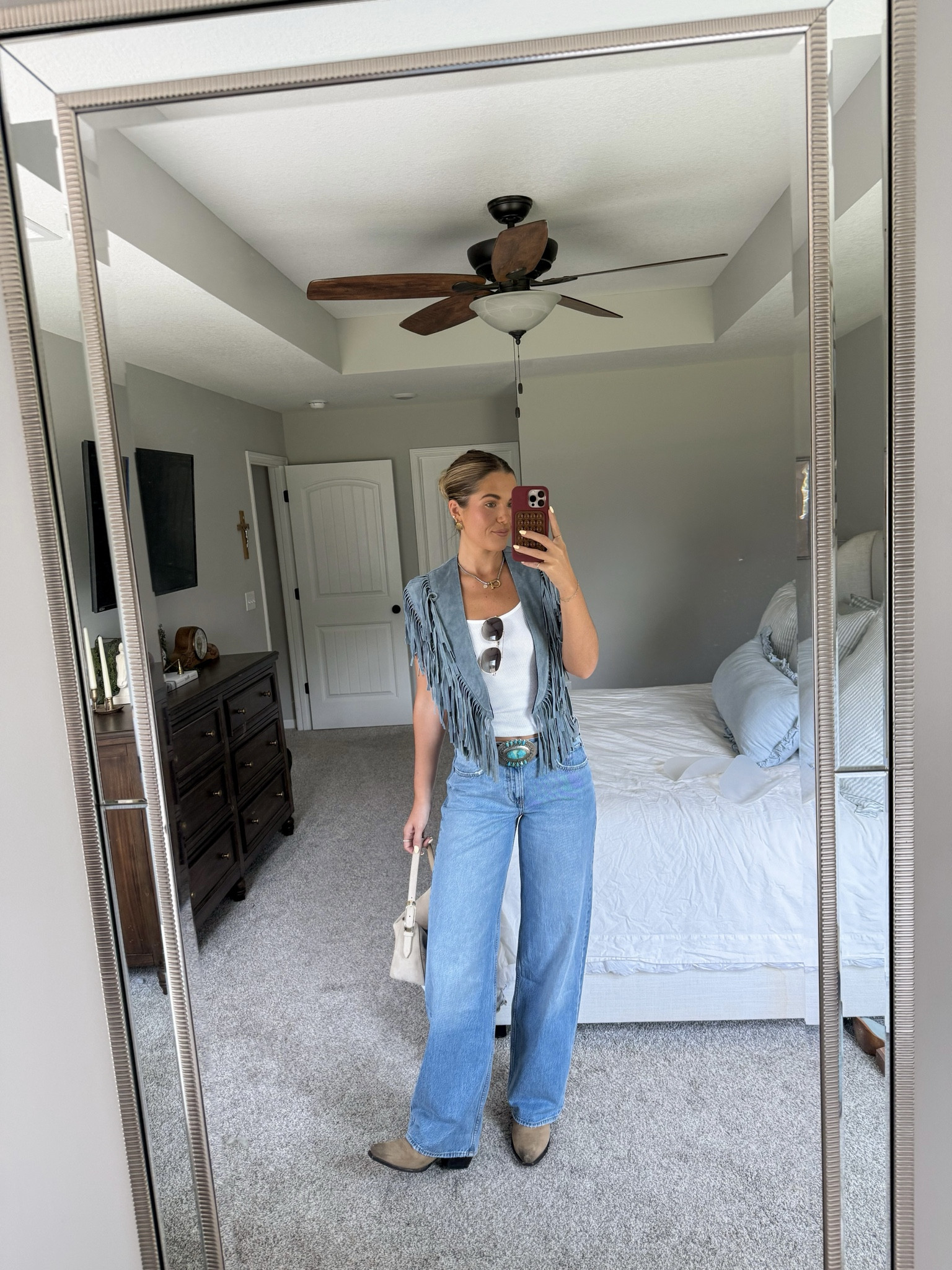 jeans in 26/extra long, belt in color Gray01 (i added my own buckle - linked similar) fringe cape in color Pearl Blue🩵 necklace is from november maker (linked similar) size down half size in boots

#LTKgrwm #LTKTall #LTKSaleAlert