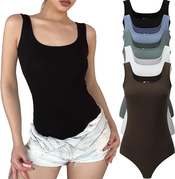 FMNNNN 5 Pack Tank Top Bodysuit for Women Sexy Scoop Neck Sleeveless Tank Tops Bodysuits Thong Bo... | Amazon (US)