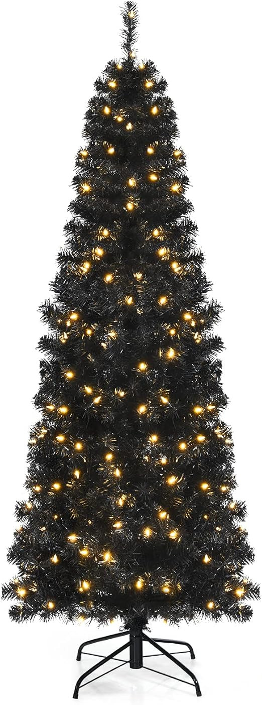 Goplus 6ft Black Pencil Christmas Tree, Pre-lit Artificial Halloween Tree w/ 300 Warm White Light... | Amazon (US)