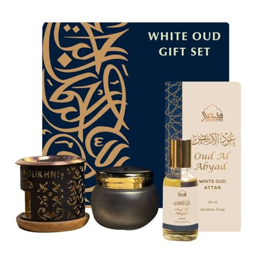 Dukhni White Oud Gift Box | 40g Ma’amoul Al Abyad Bakhoor, 30ml Oud Al Abyad Attar, Classic Bakhoor Burner | Luxurious Arabian Fragrance for Ramadan & Gifting | Amazon (US)