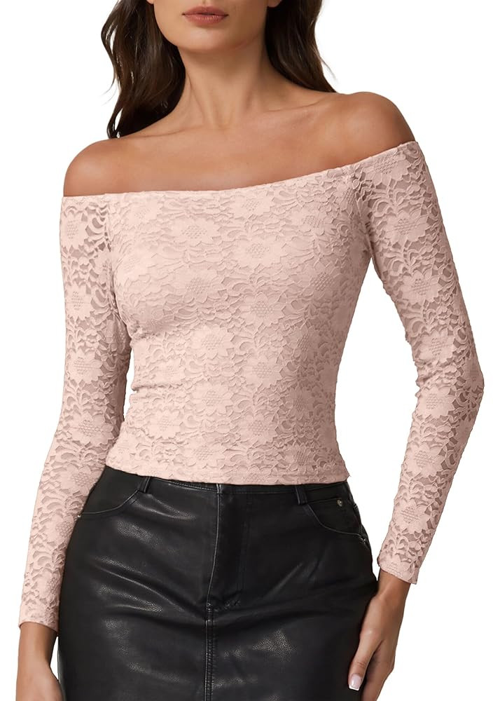 QINSEN Womens Lace Trim Off Shouder Top Long Sleeve Double Lined Y2k Trendy T Shirts | Amazon (US)