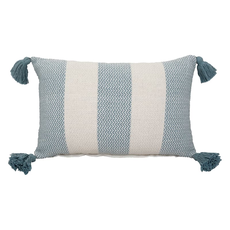 Light Blue Striped Woven Tassel Throw Pillow, 12x20 | At Home
