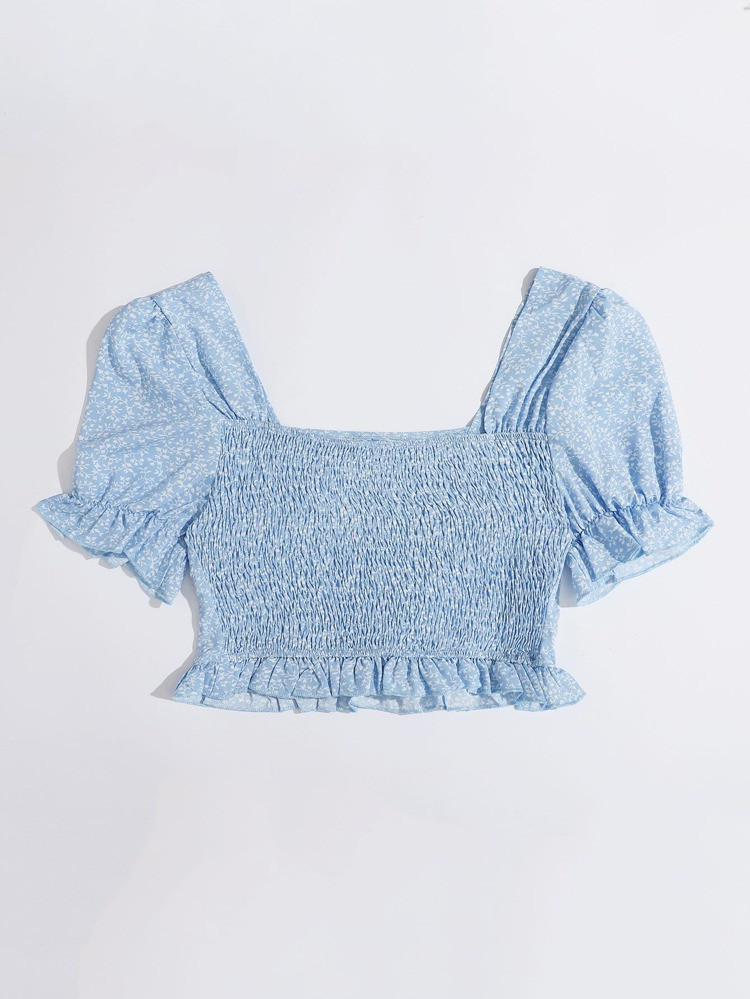 SHEIN Drawstring Front Shirred Back Puff Sleeve Top | SHEIN
