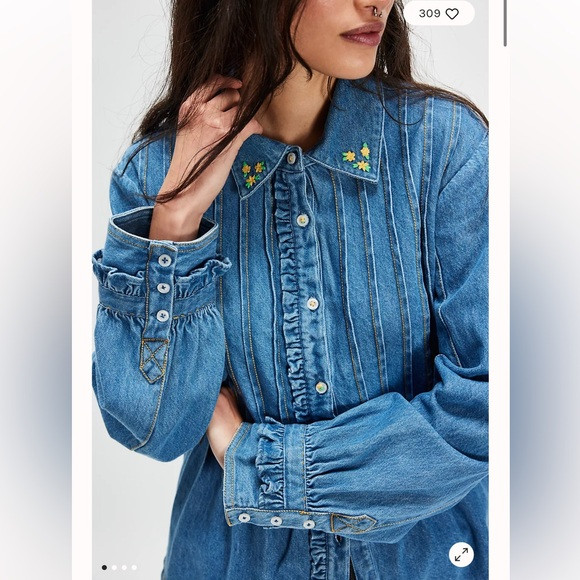 Free People Robin Pintuck Cute Embroidered Flower Ruffles Denim Button Shirt XS | Poshmark