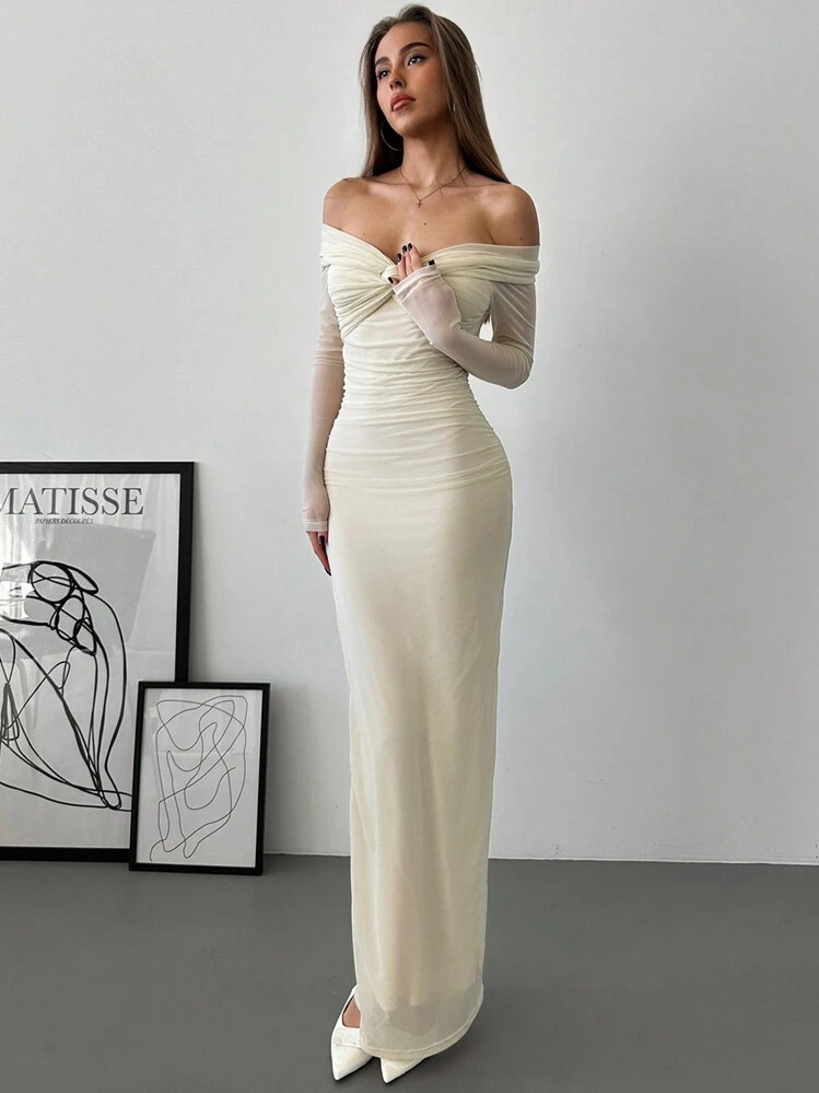 Aloruh Women's Romantic Off Shoulder Mesh Ruched Fitted Dress With Long Sleeves,Summer Dresses For Women | SHEIN USA | SHEIN
