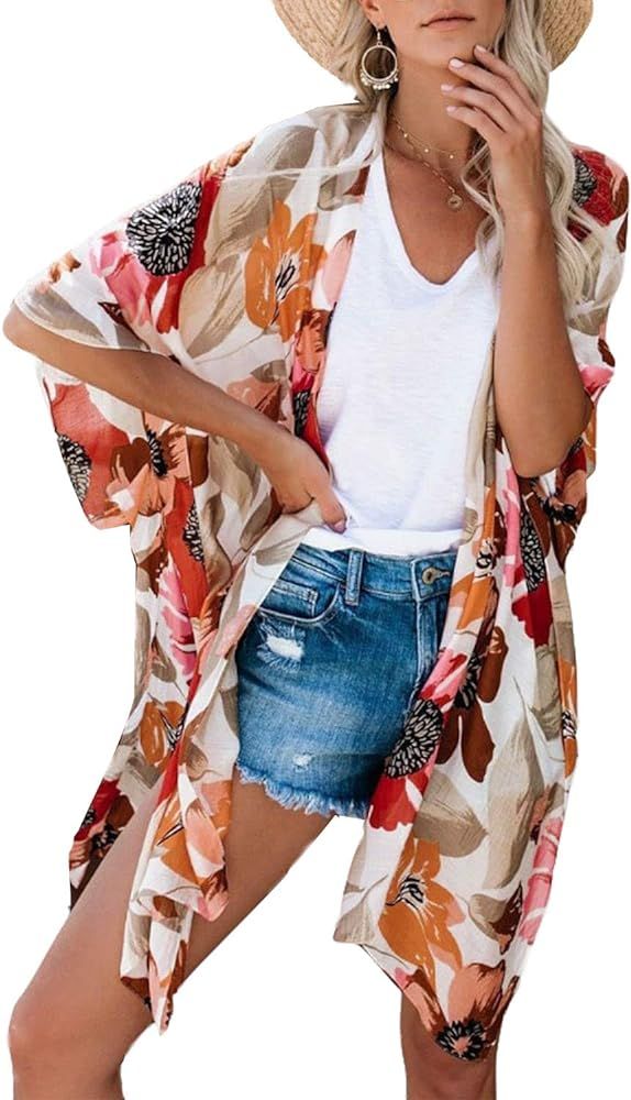 MayBuy Women's Flowy Summer Chiffon Kimono Cardigans Tops Boho Floral Beach Cover Ups Casual Loos... | Amazon (US)