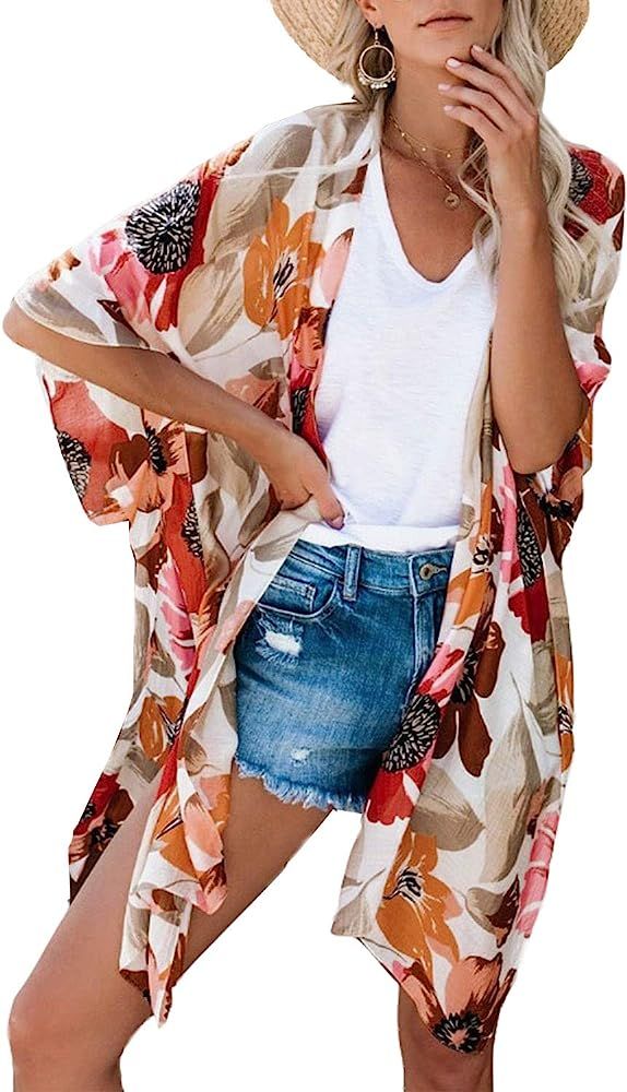 MayBuy Women's Flowy Summer Chiffon Kimono Cardigans Tops Boho Floral Beach Cover Ups Casual Loos... | Amazon (US)