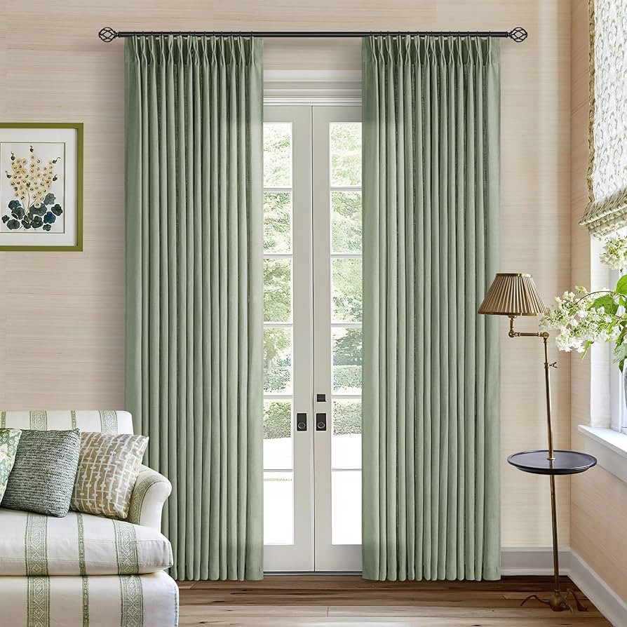 Sage Green Linen Curtains Pinch Pleated 84 Inches Long for Living Room Bedroom Pleat with Rings B... | Amazon (US)