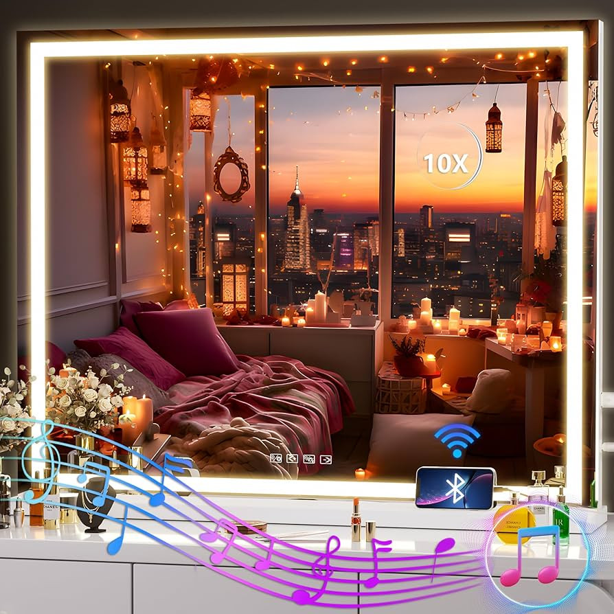 Hasipu Vanity Mirror with Lights and Bluetooth Speaker, 40" x 32" LED Makeup Mirror, Lighted Make... | Amazon (US)