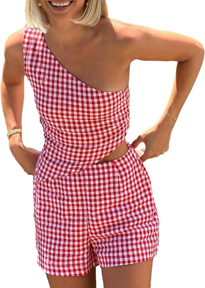 Women's Y2K 2 Piece Gingham Shorts Set Plaid Checkered One Shoulder Tank Tops+Shorts Pajamas Sets... | Amazon (US)