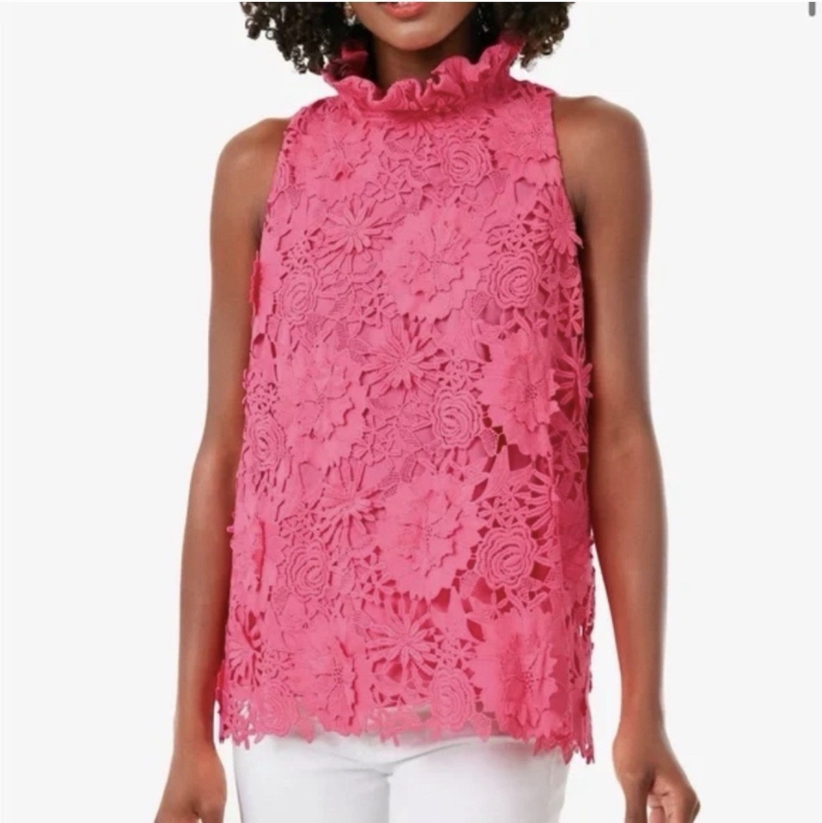 Tuckernuck Hibiscus Blythe Top S Pink Guipure Lace Ruffle Neck Bow | eBay | eBay US