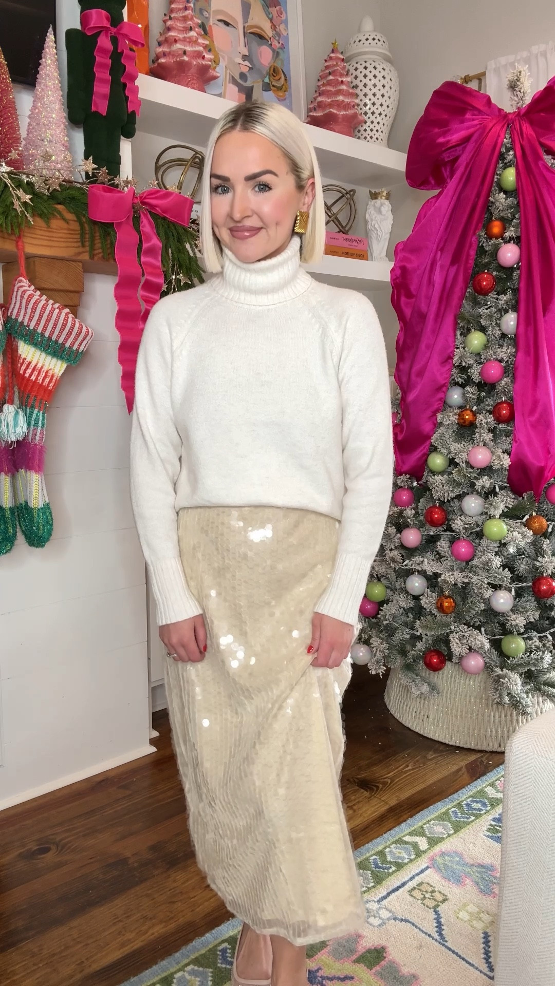 Neutral holiday outfit ideas / neutral holiday outfit inspo / sequin skirt outfit / nye outfit / winter white outfit 
Size: XS in both 

#LTKHoliday #LTKPetite #LTKFindsUnder50