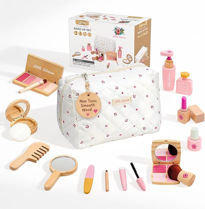Wooden Makeup Toy Set for Girls - Pretend Play Makeup Kit for Toddlers 3-5 with Eyeshadow/ Mascar... | Amazon (US)