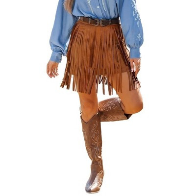 Coolmee Women's Cowgirl Fringe Skirts Faux Suede Western Mini Skirt Country Concert Outfits Brown L | Target