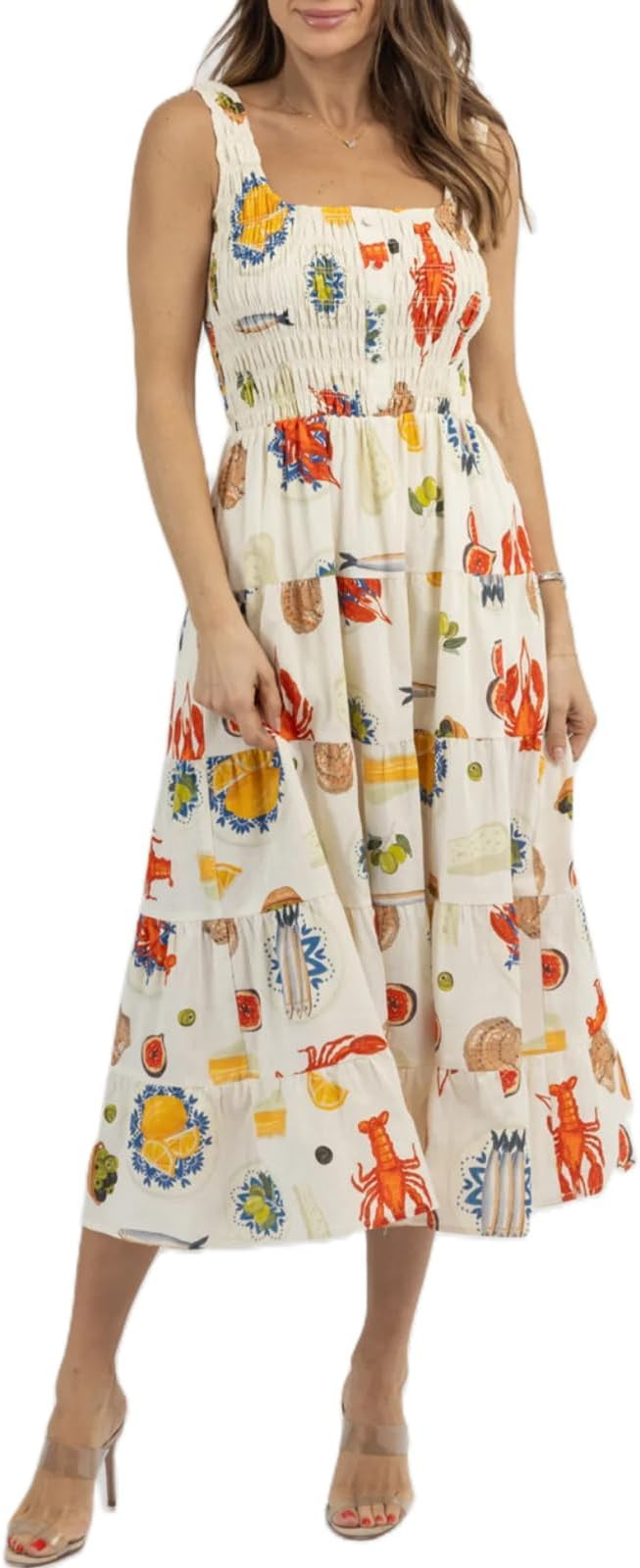 Women Sleeveless Beach Maxi Dress Ocean Animals Print Square Neck Tank Dress Summer A-line Long D... | Amazon (US)