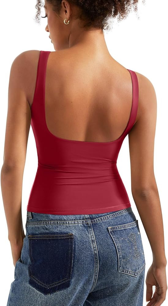 SUUKSESS Women Padded Open Back Boat Neck Tank Tops Double Lined Basic Shirts | Amazon (US)