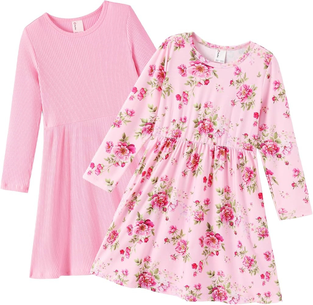 PATPAT Toddler Girl Long Sleeve Dresses 2-Pack – Ribbed Cotton & Woven A-Line, Soft Spring Outf... | Amazon (US)